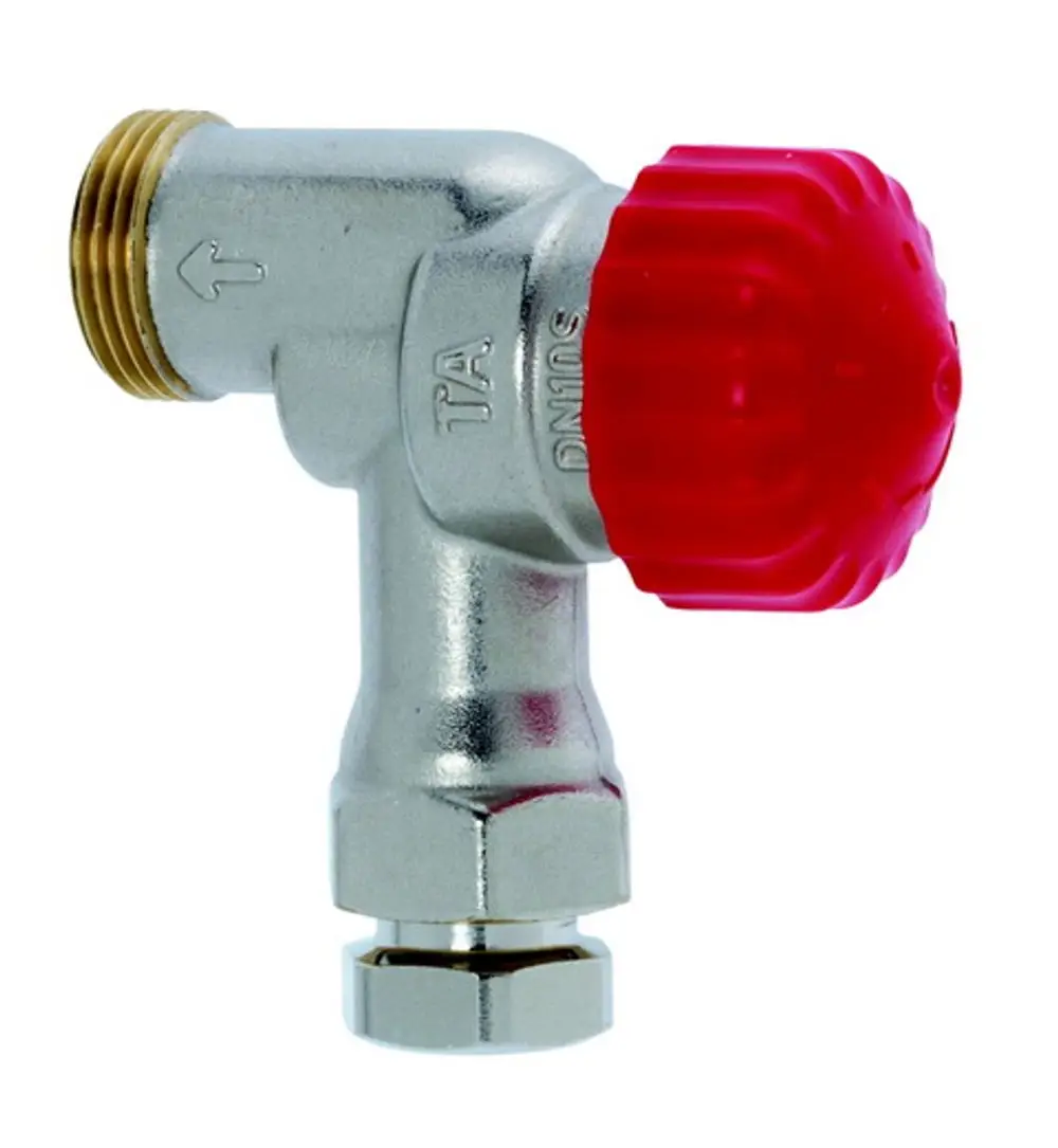 Thermostatventil mit rotem Kopf und metallischem Körper. Teil von IMI Hydronic Engineering, für Heizungsanwendungen geeignet. Anschlussgewinde sichtbar.
